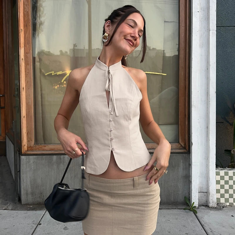 Beige Halter Neck Button-Up Top