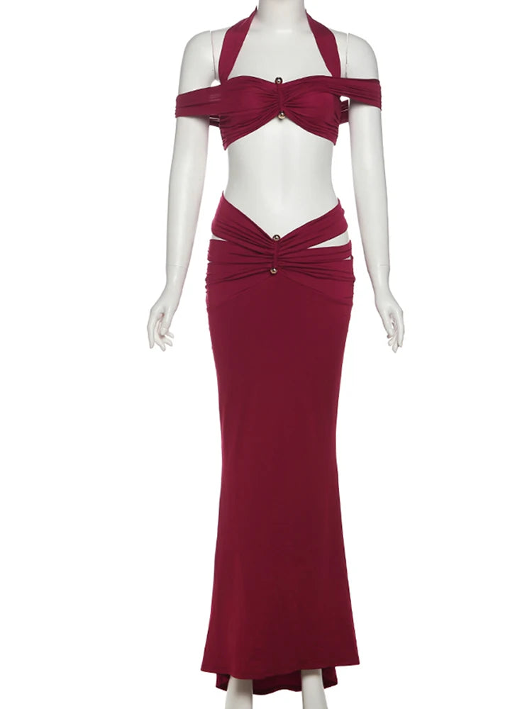 Cut Out Pearl Strap Skirt Set