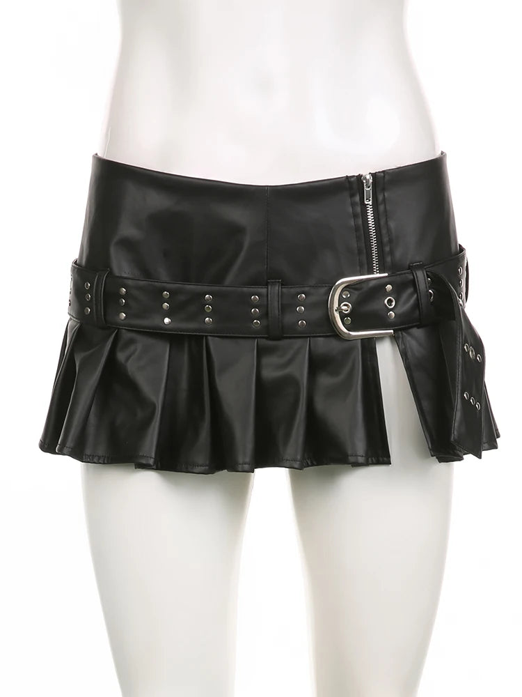 Black Pleated Leather Mini Skirt with Belt
