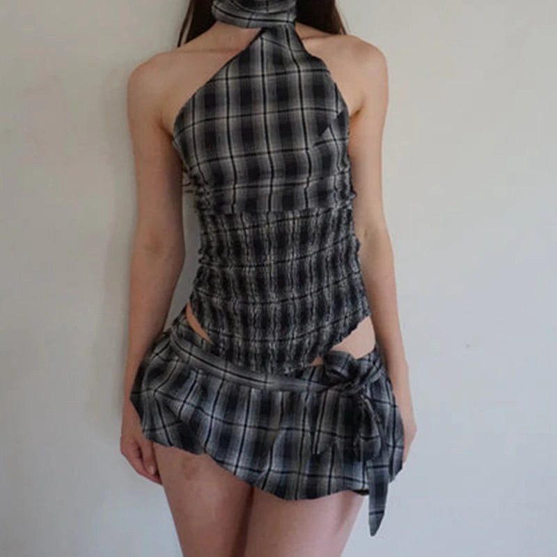 Plaid Halter Top & Mini Skirt Set