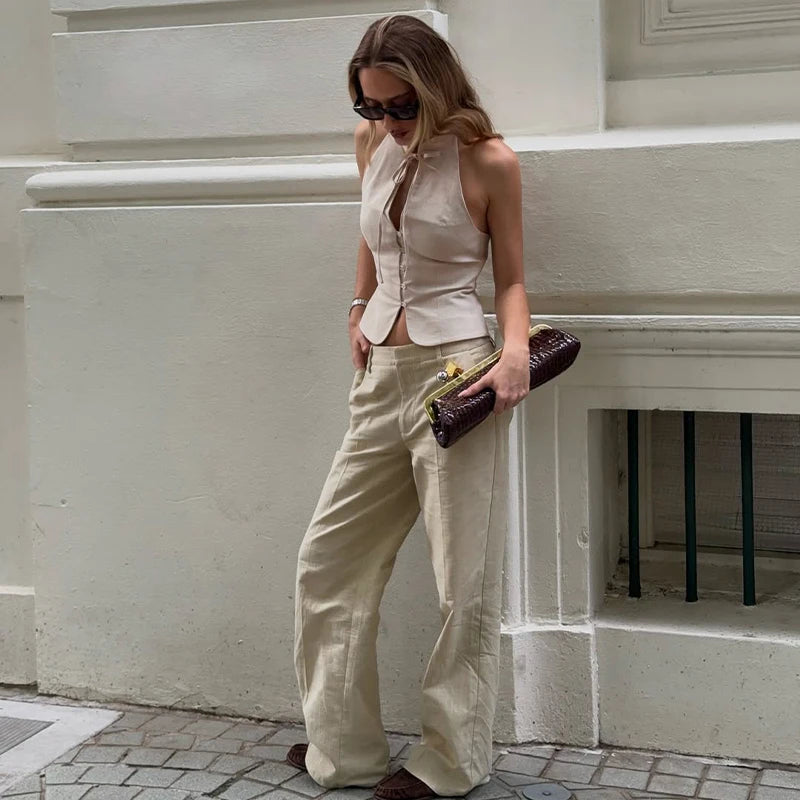 Beige Halter Neck Button-Up Top