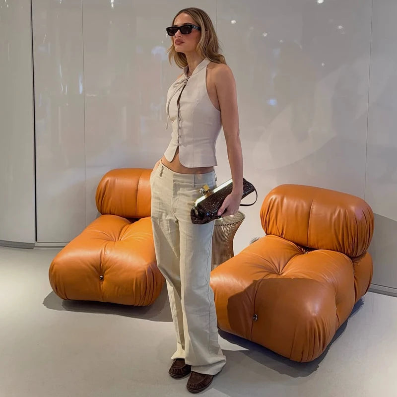 Beige Halter Neck Button-Up Top