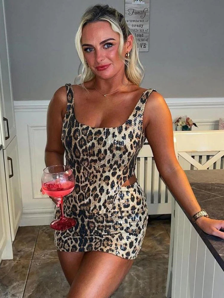 Leopard Print Cut Out Skirt Two Piece Set