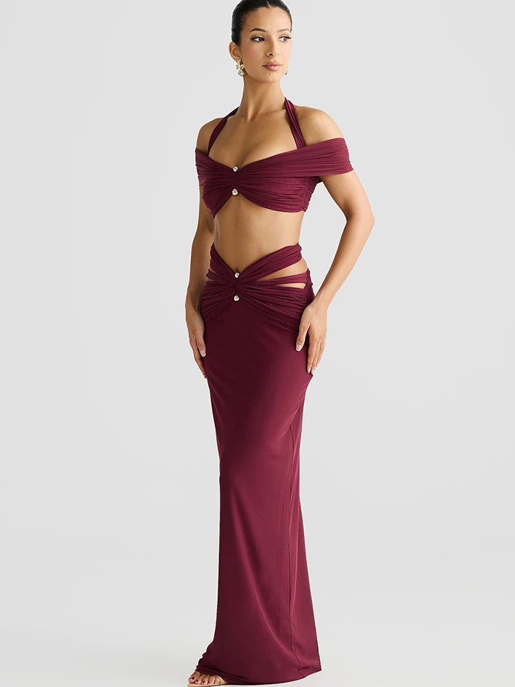 Cut Out Pearl Strap Skirt Set