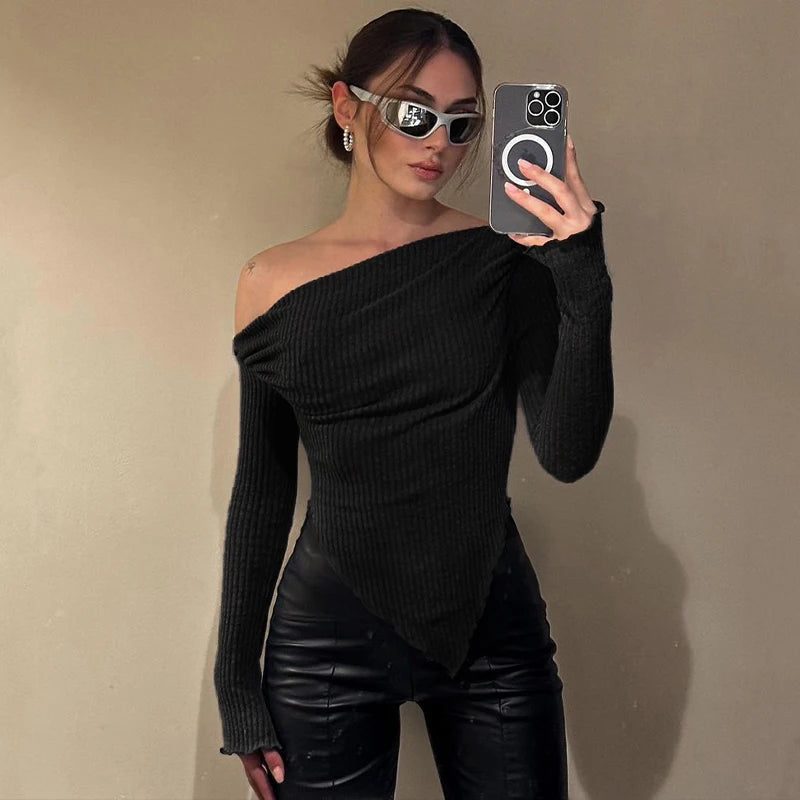 Asymmetric Off-Shoulder Ribbed Top
