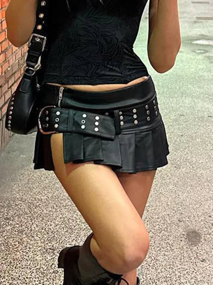 Black Pleated Leather Mini Skirt with Belt