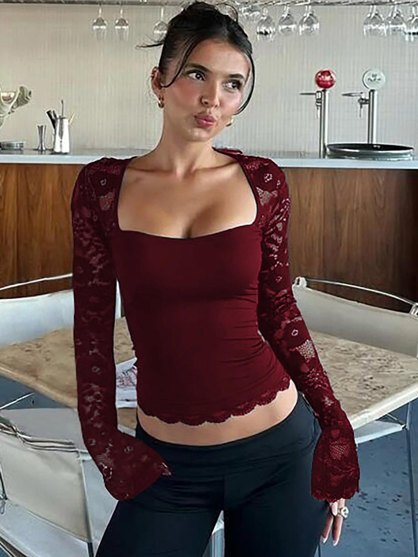 Lace Sleeve Square Neck Top