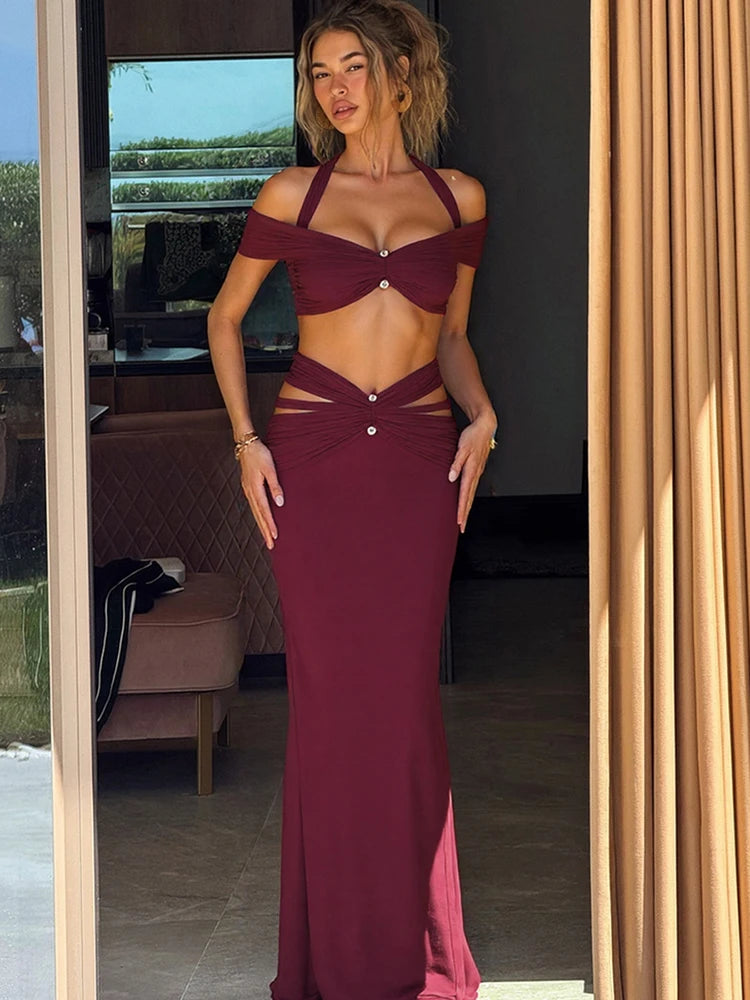 Cut Out Pearl Strap Skirt Set