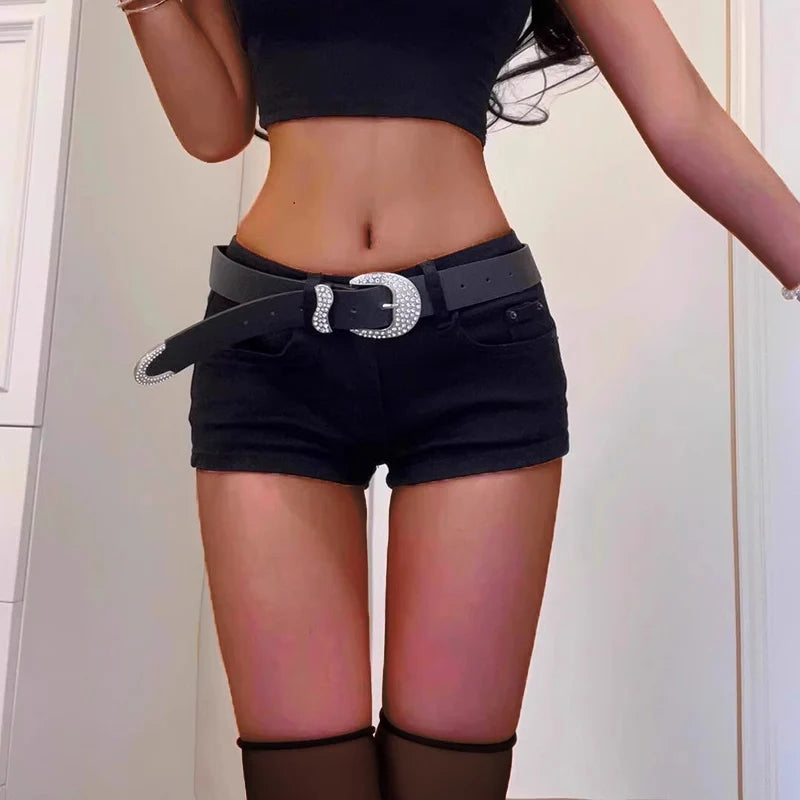 Black Low Rise Fitted Denim Shorts