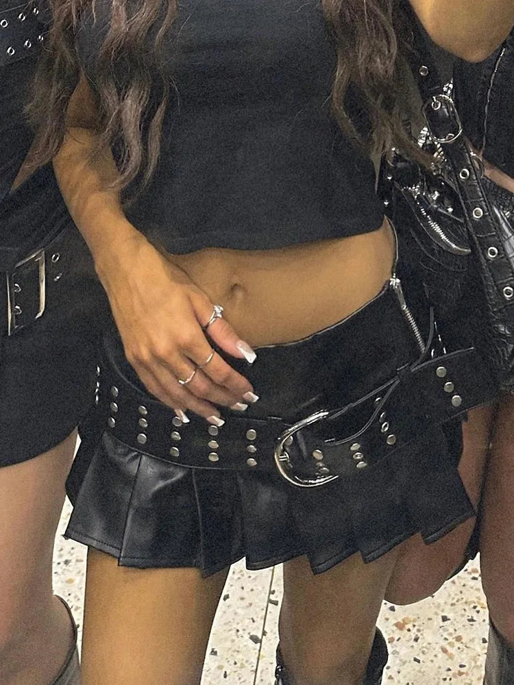 Black Pleated Leather Mini Skirt with Belt