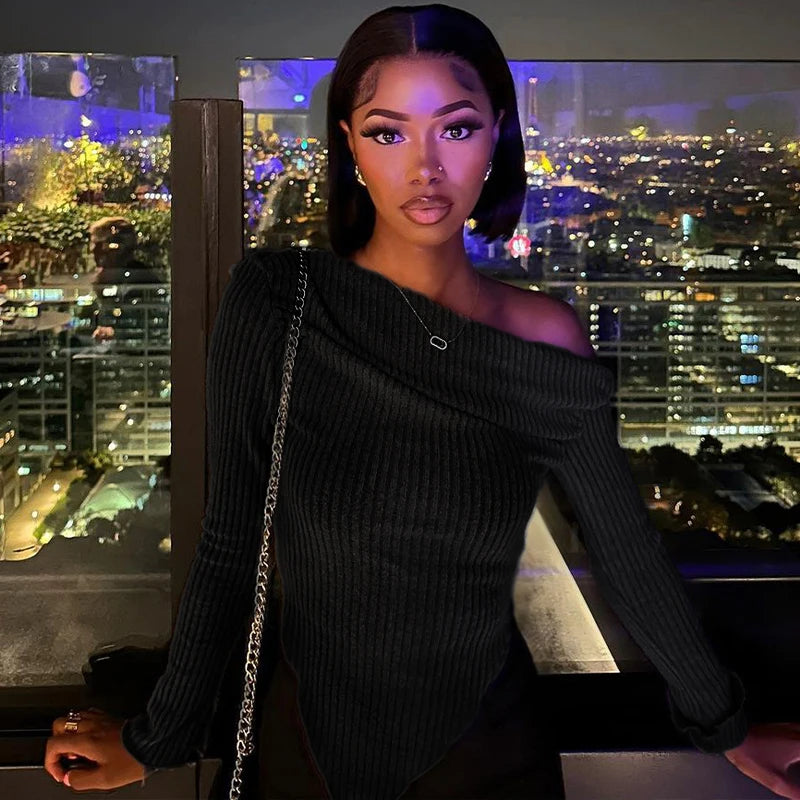 Asymmetric Off-Shoulder Ribbed Top