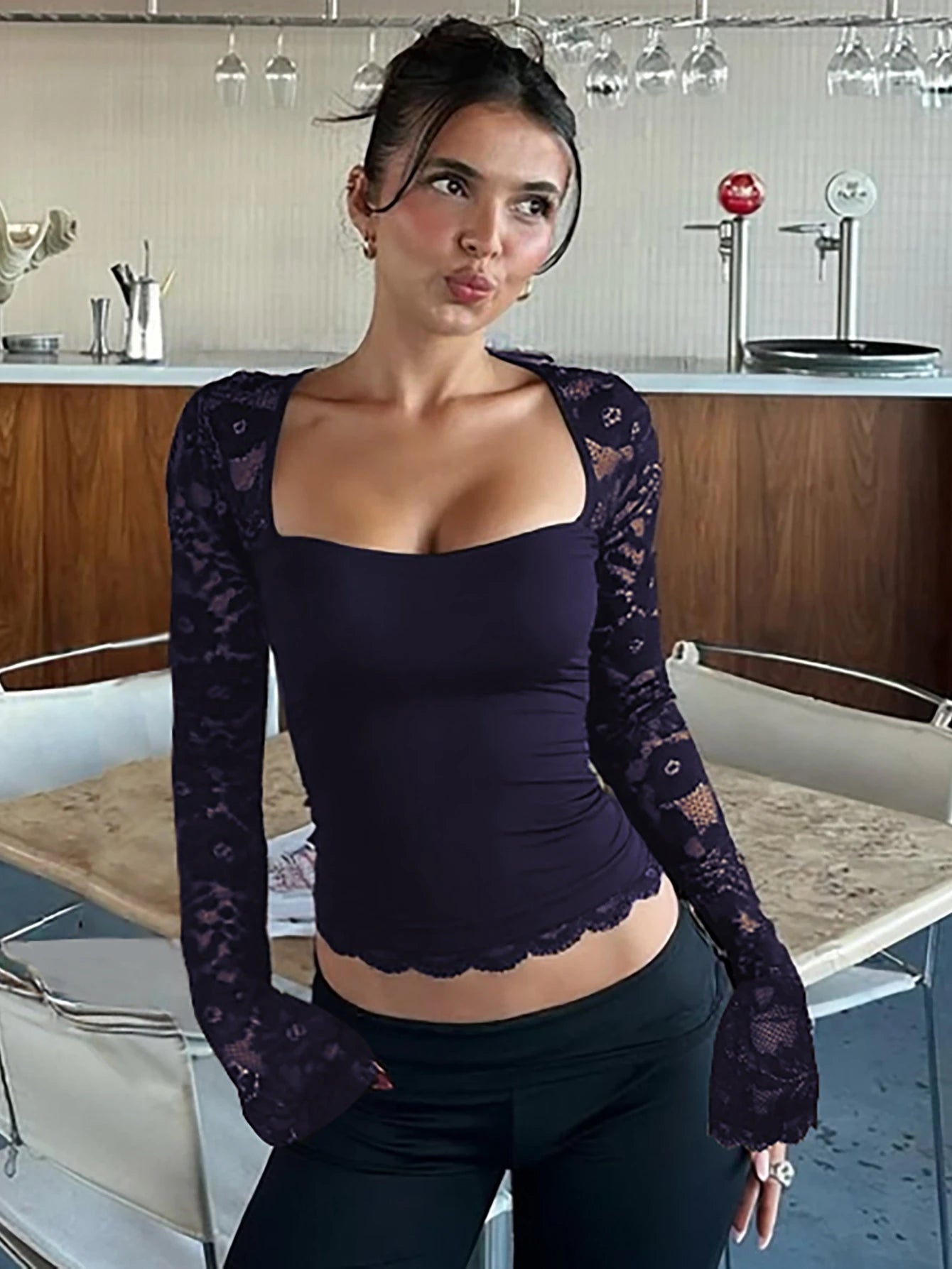 Lace Sleeve Square Neck Top