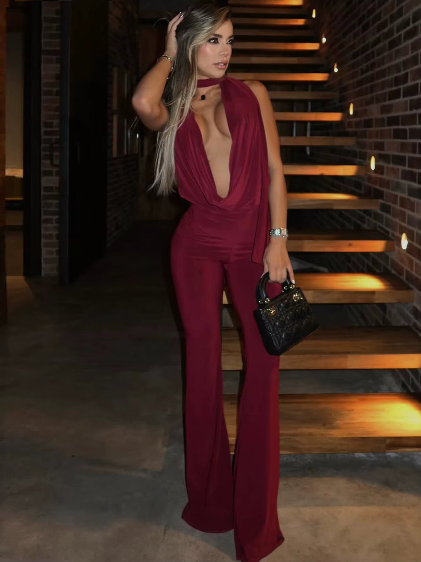 Draped Halter Jumpsuit Set