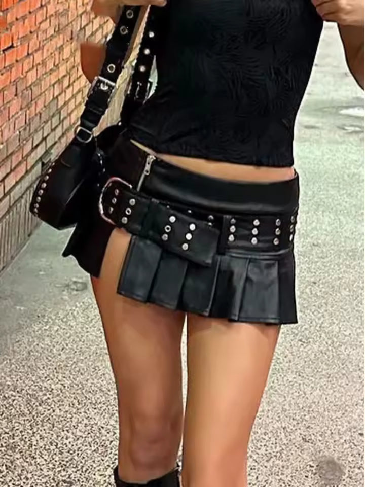Black Pleated Leather Mini Skirt with Belt